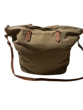 Olive Canvas Crossbody Tote with Brown Leather Trim
